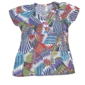 Elan by Barco Peacock Feather Medical Scrub Top Embroidered‎ Eyel Sz XS Women's